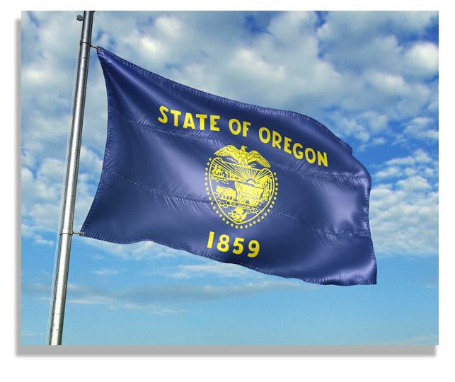 The State of Oregon flag flying on a blue sky.